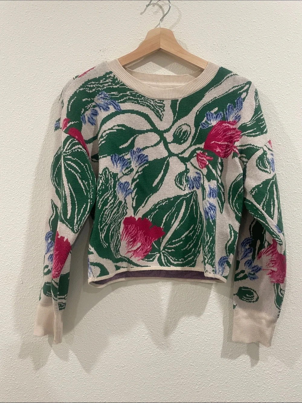 Anthropologie Yukiko Noritake Maeve Floral Crewneck Sweater Cropped Pink Green